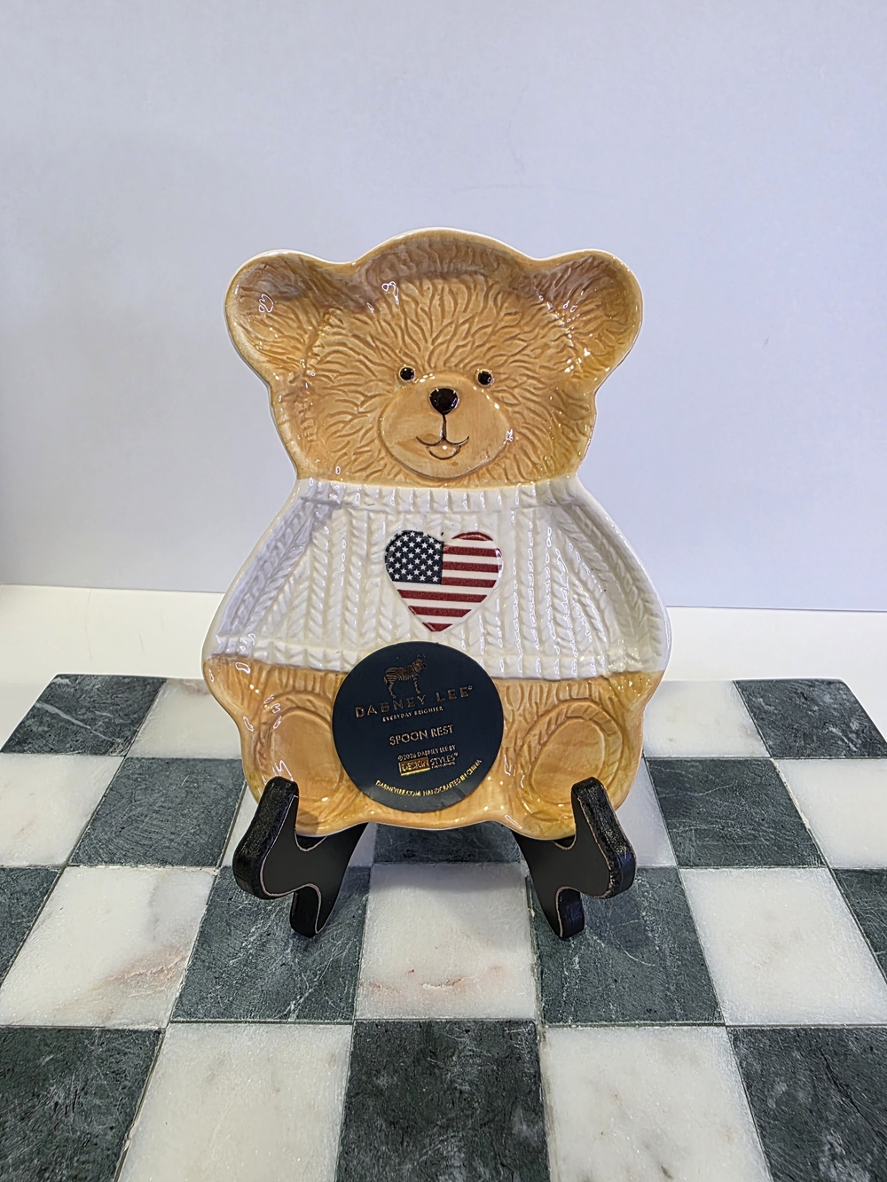 ♥️New! Dabney Lee Ceramic Teddy Bear Spoon Rest - Patriotic American Flag Heart.